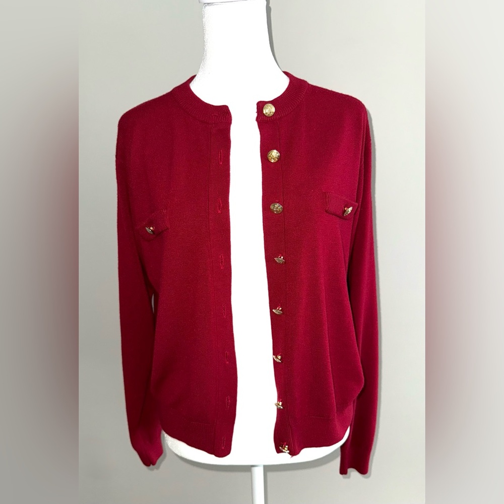 Elegant Dark Red Cardigan with Gold Button Accents Size M